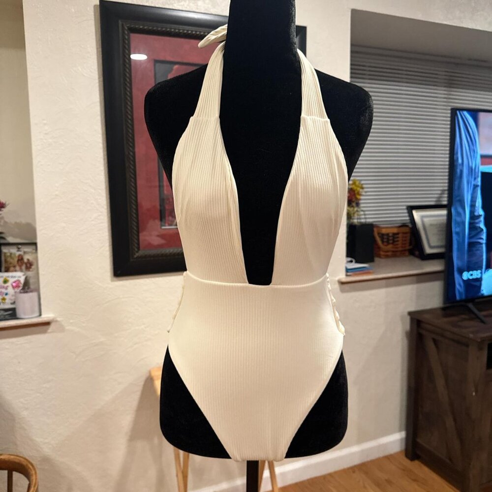 MONTCE Cream high-waisted halter one-piece swimsuit with tie front OR back